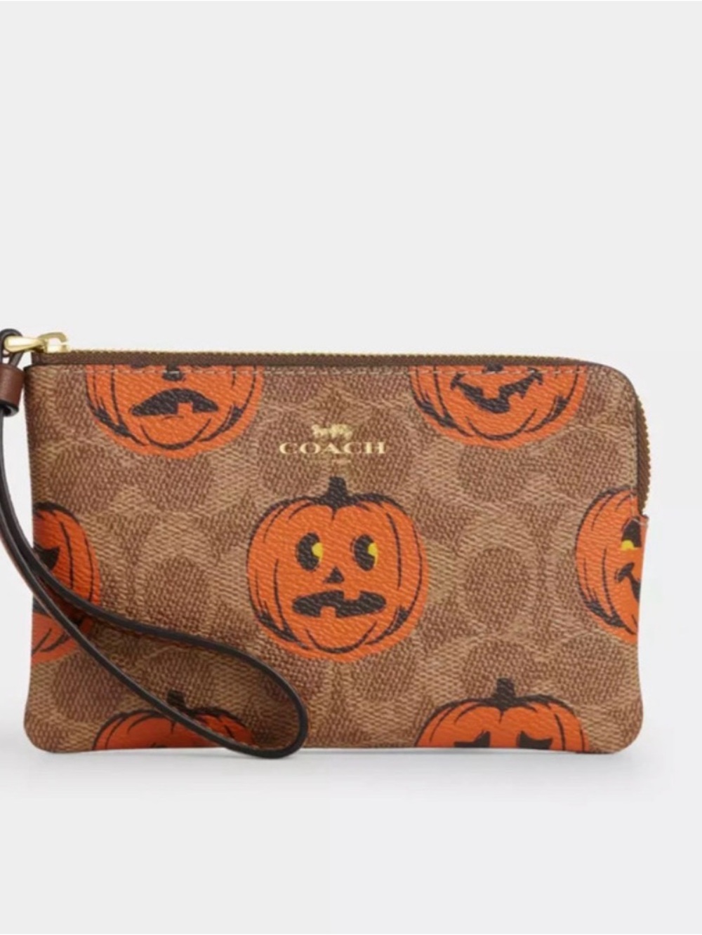 Coach Brown Signature Halloween Canvas Pumpkin Wristlet Corner Zip